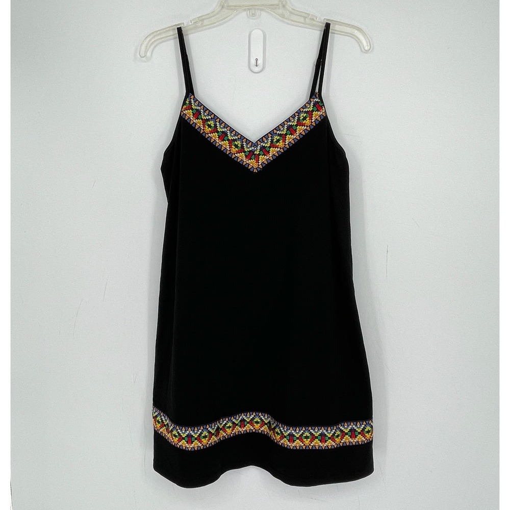 SHEIN Women's Black Embroidered V-Neck Stretch Boho Cami Mini Dress Size L